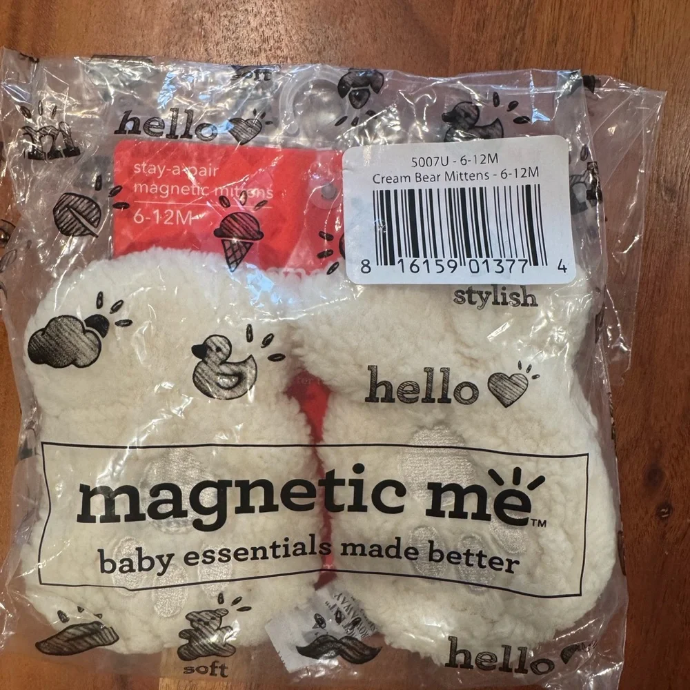 Magnetic Me Cream Baby Bear Mittens with Red Label